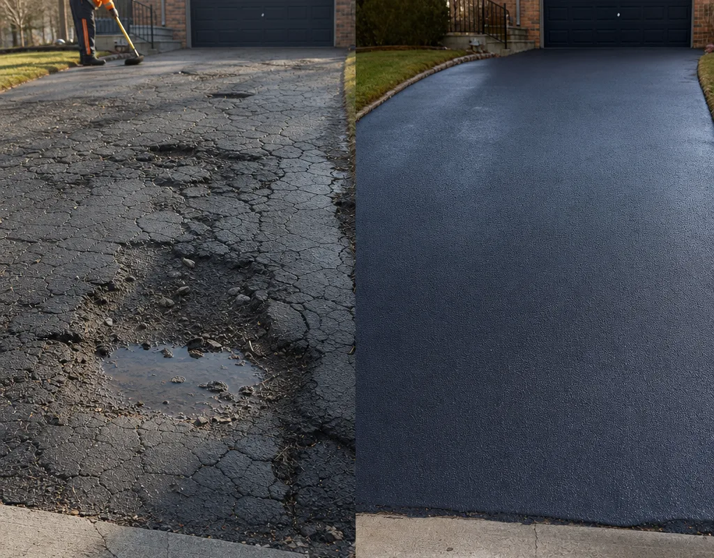 Before and after view of a cracked driveway restored with smooth resurfaced asphalt and corrected entrance grade.
