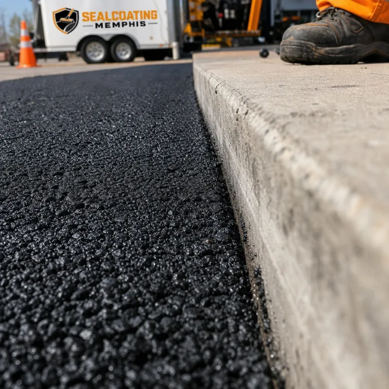 Close-up of a straight asphalt edge with tight compaction along a concrete curb.