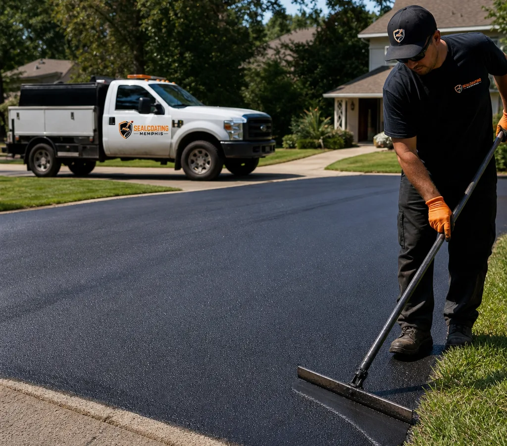 Freshly paved asphalt driveway in Memphis with a clean curb edge, visible roller marks, and a crew truck in the background.
