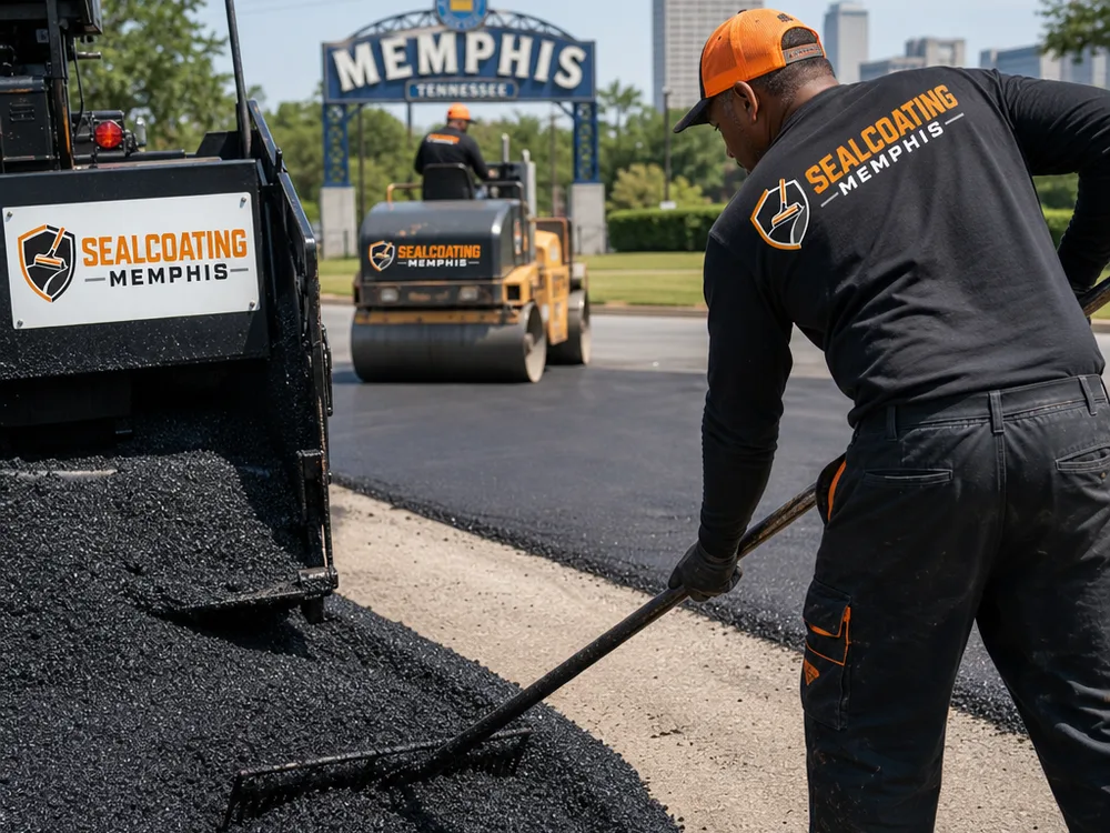 Crew placing hot mix asphalt while workers rake the edges and a roller compacts the surface in a Memphis setting.