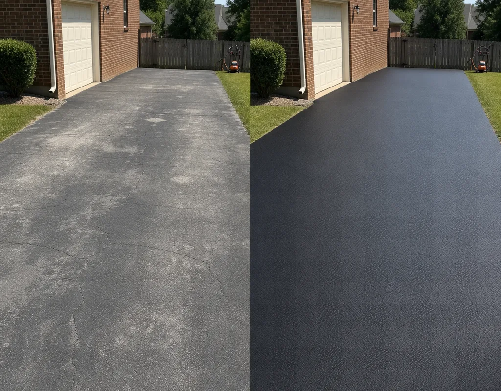 Before and after view of a faded gray asphalt driveway restored to a uniform black finish after sealcoating.