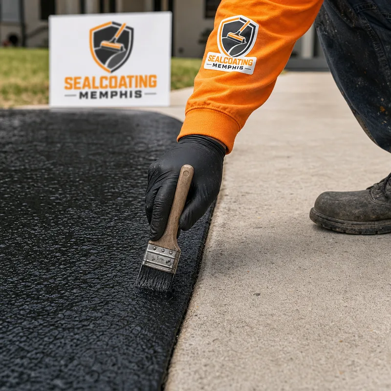 Close-up of clean edging where sealcoat meets a concrete sidewalk, showing a straight line and no overspray.
