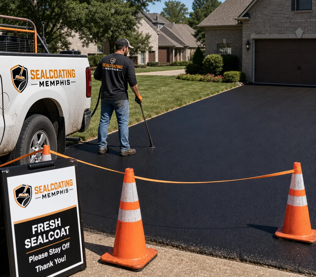 Freshly sealcoated residential driveway in Memphis with crisp edges, uniform black finish, and cones blocking traffic while it cures.