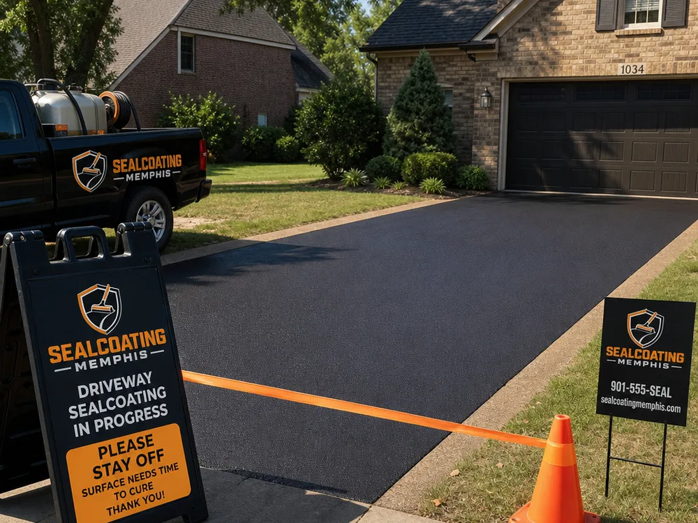 Wide shot of a freshly sealed residential driveway with consistent texture and a blocked-off entrance while curing.