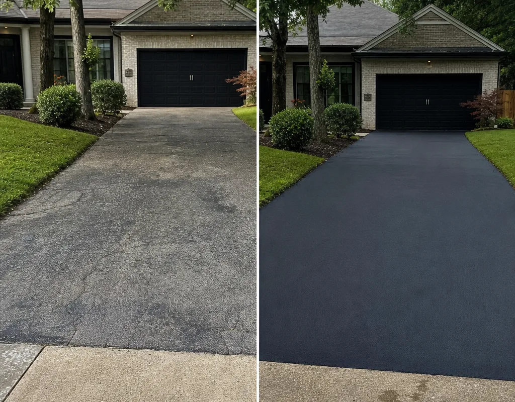 Before-and-after comparison of a faded gray Memphis driveway and the same driveway with a uniform dark sealed finish.