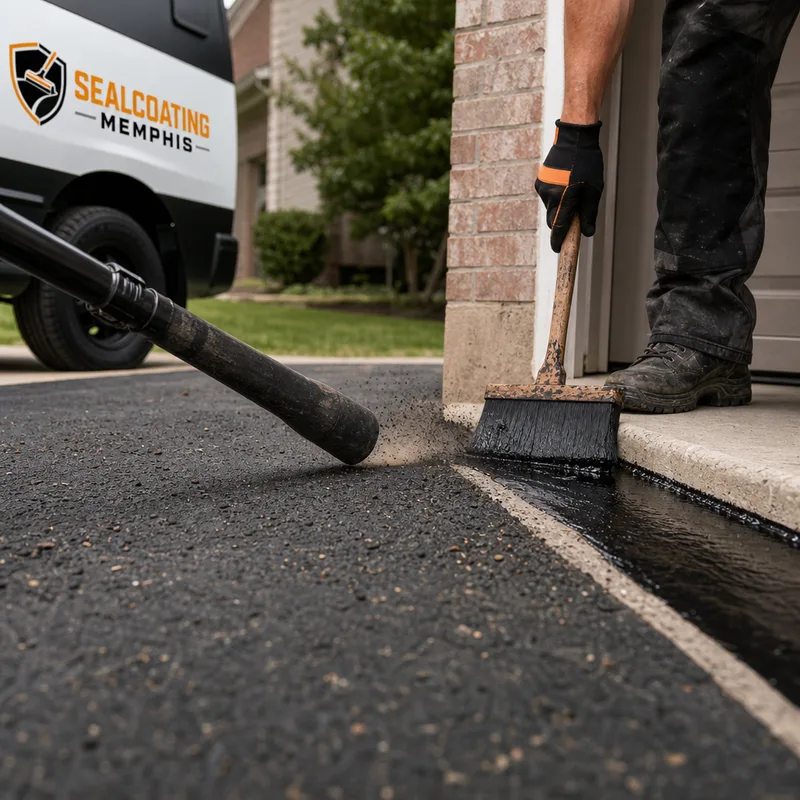 Worker clearing debris and brushing sealer around a concrete driveway border to create a sharp edge.