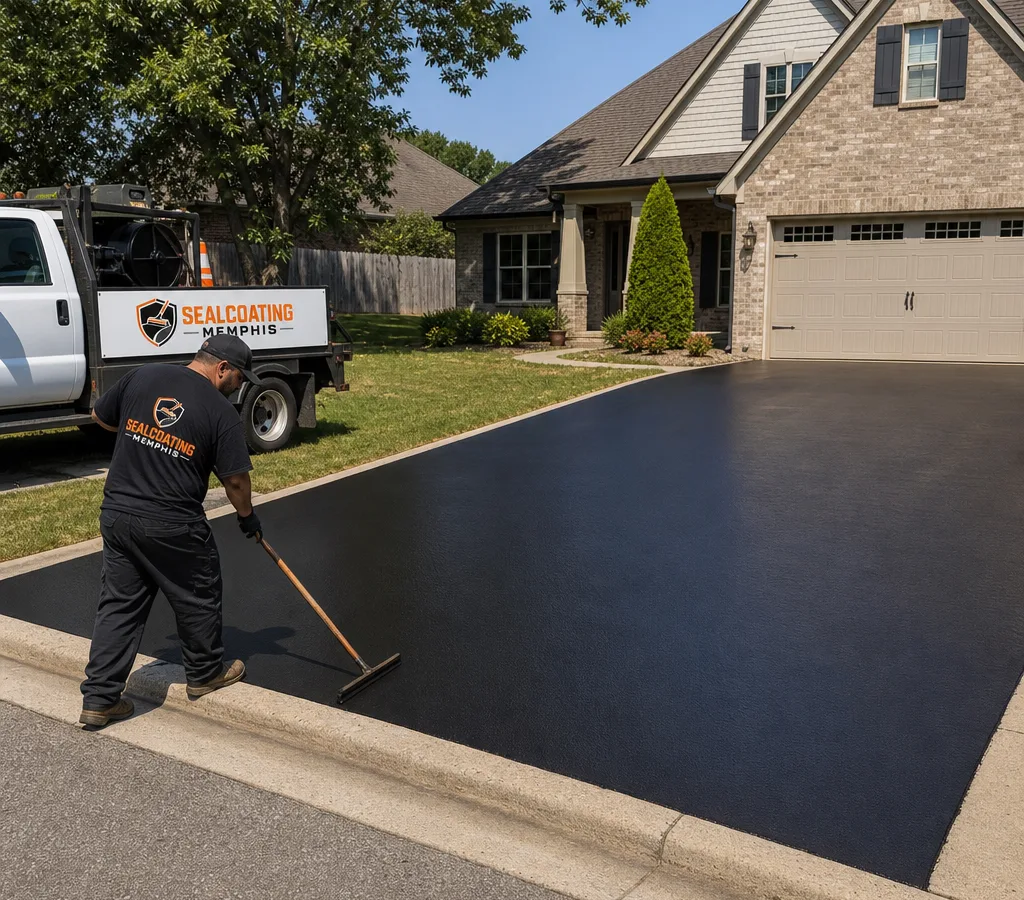 Freshly sealed blacktop residential driveway in Memphis with crisp edges along the concrete, a smooth finish, and the home and curb visible.