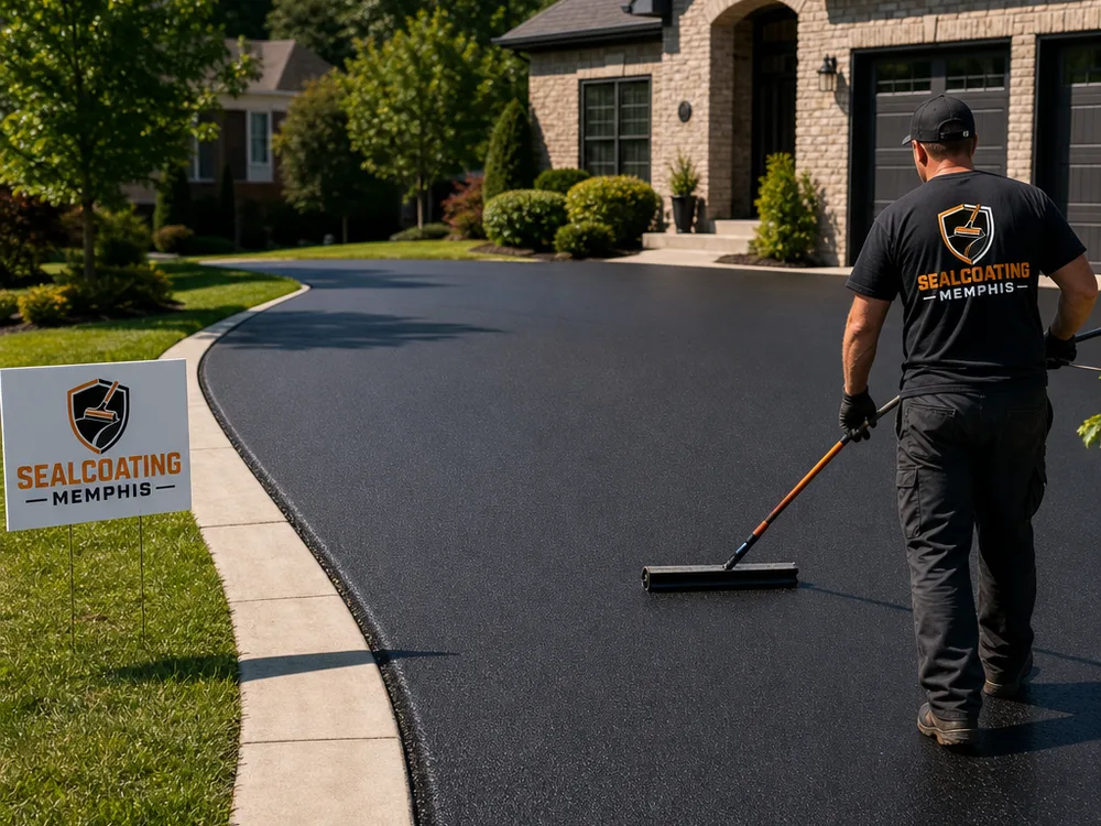 Freshly sealed curved driveway with clean edging beside a concrete sidewalk and tidy transitions at the garage.