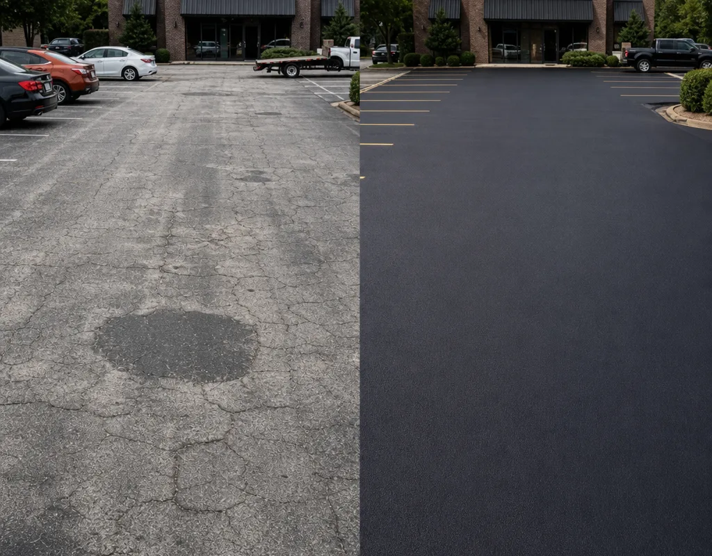 Before and after view of a faded gray asphalt lot restored with sealcoating to a darker, more uniform finish.