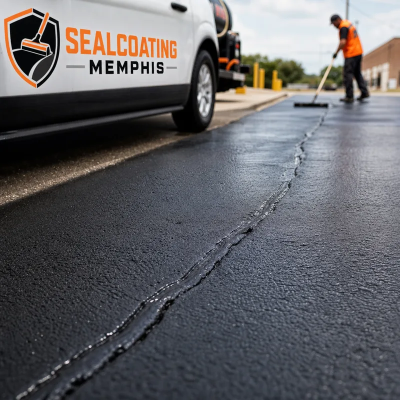 Close-up of sealed cracks and a smooth sealcoat film with consistent coverage in a high-turning area.