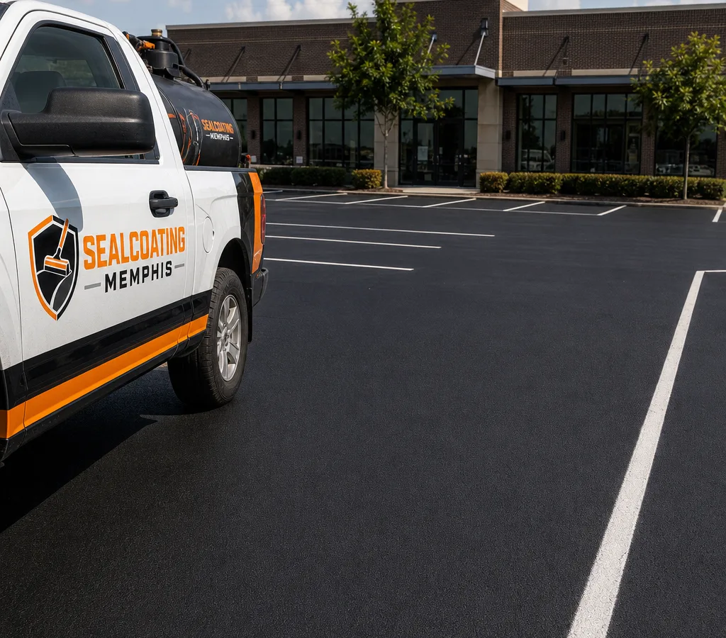 Freshly sealcoated commercial parking lot with a uniform black finish and crisp striping at a Memphis-area property.
