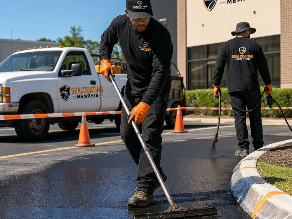 Crew applying sealcoat with a spray wand and squeegee while cones and barricades mark curing zones and protect the curb line.