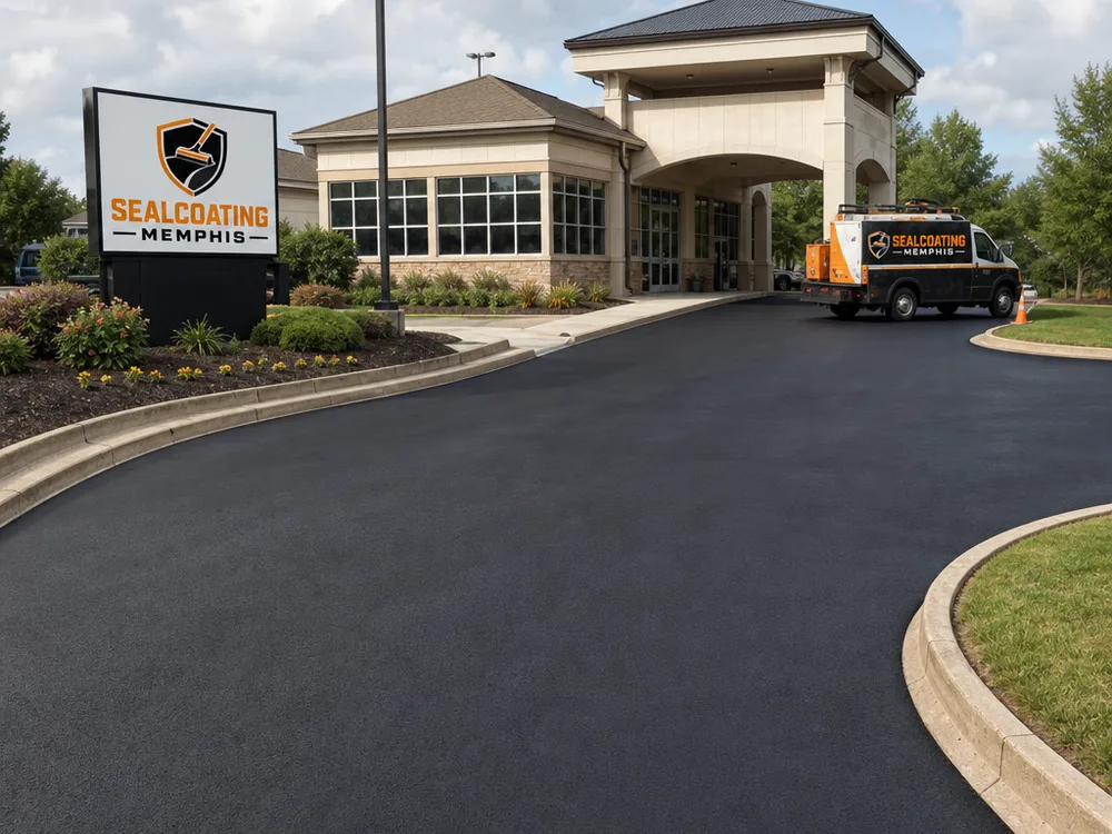 Sealcoated parking lot entrance and drive lane with clean edges along curbs and protected concrete after curing.