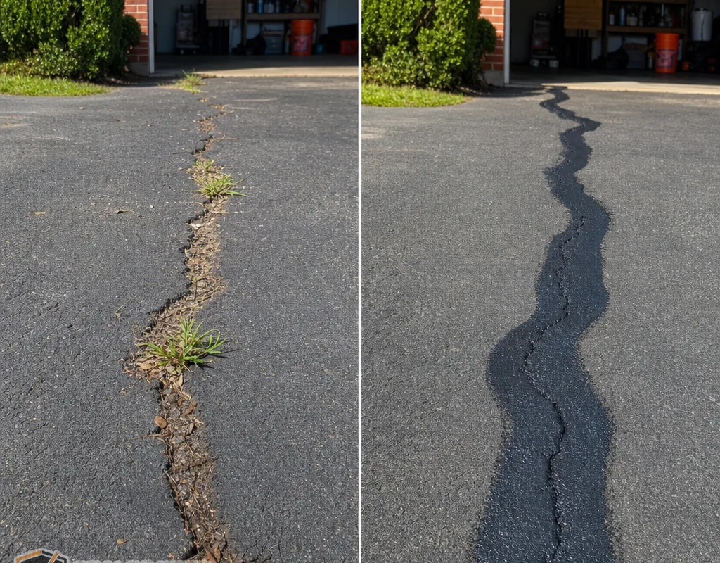 Before and after comparison of a debris-filled driveway crack and the same crack finished with a neat sealant overband.