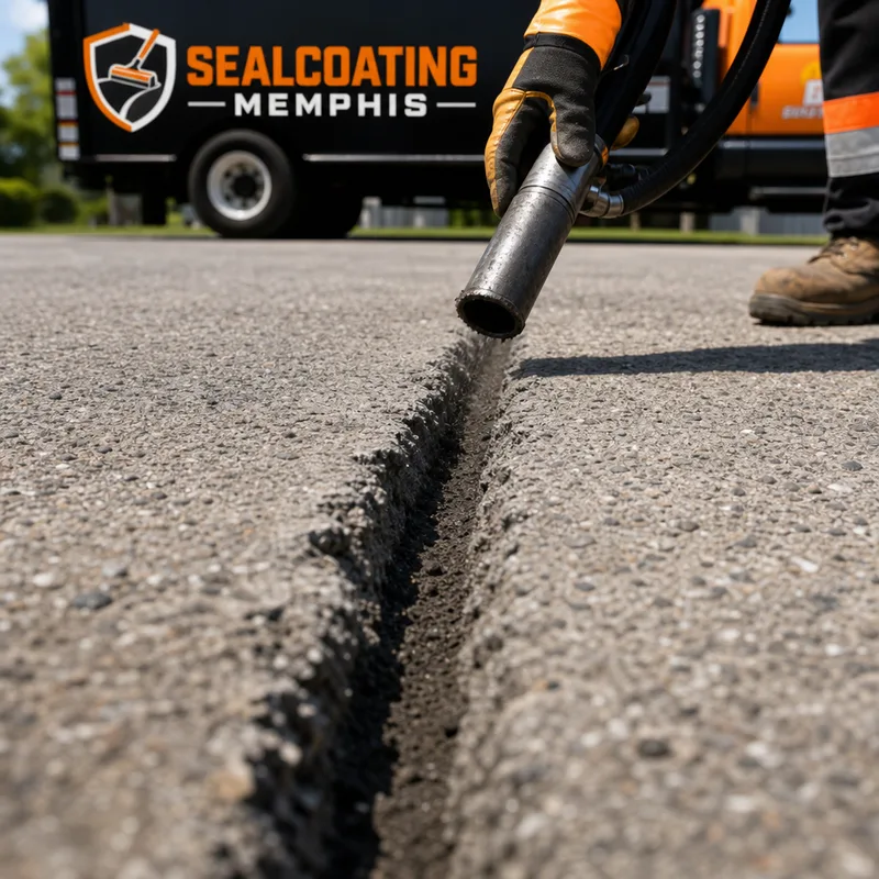 Cleaned asphalt crack with routed, crisp edges ready for hot rubberized crack sealant.