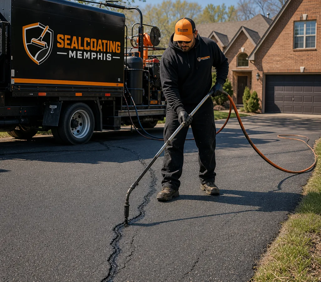 Technician applying hot-pour rubberized crack sealant to a cleaned asphalt driveway crack in a Memphis neighborhood.