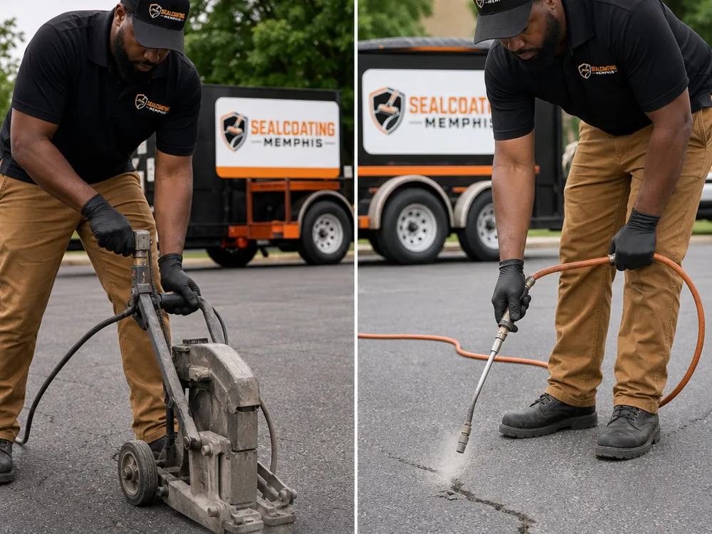 Technician using a crack router and compressed air to prepare a transverse asphalt crack.
