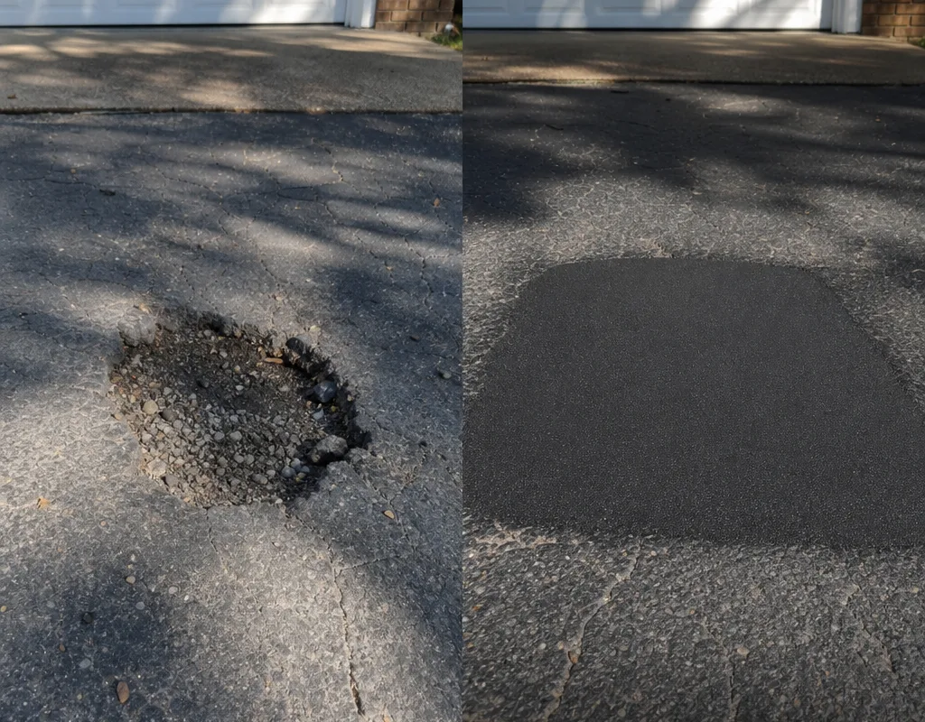 Before-and-after view of a residential driveway pothole repaired with a compacted patch near the garage apron.