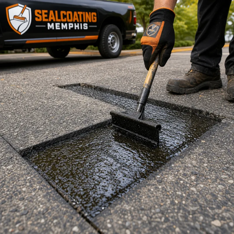 Rectangular asphalt patch area with clean saw-cut edges and tack coat applied before hot mix placement.