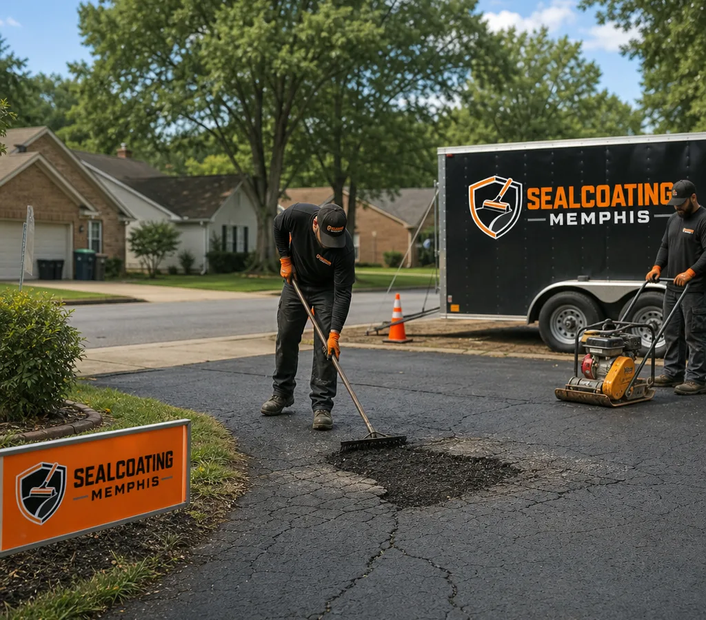 Crew repairing cracked asphalt and preparing a pothole for patching on a residential driveway in Memphis.