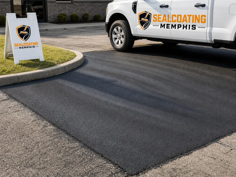 Fresh asphalt patch at a small parking lot entrance with roller compaction marks and a smooth transition.