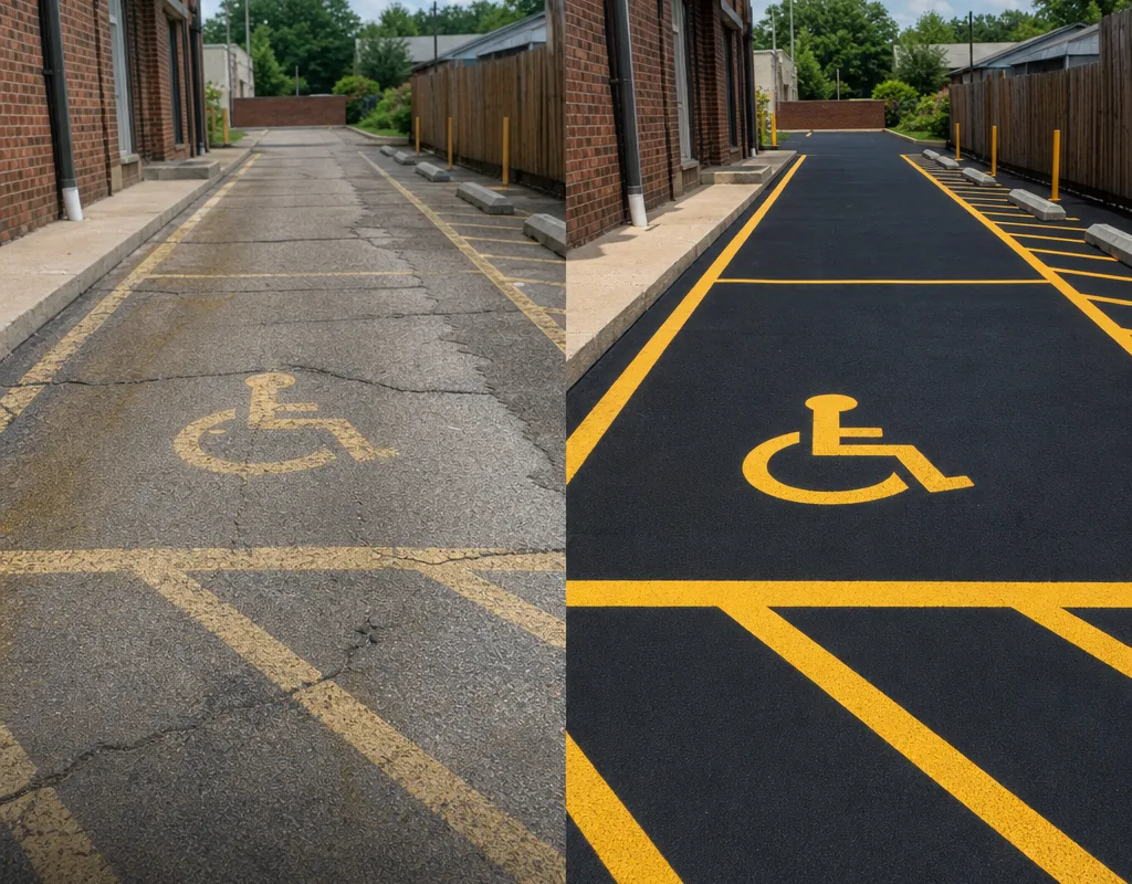 Before-and-after comparison of a faded parking aisle versus the same aisle after repainting with crisp lines and re-marked symbols.