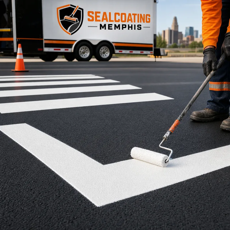 Close-up of a freshly painted stop bar and crosswalk with sharp edges and high contrast against dark asphalt.