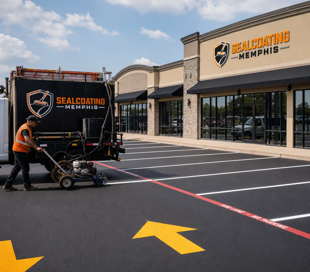 Freshly striped commercial parking lot in Memphis with crisp white stall lines, bright yellow traffic arrows, and a clearly marked red fire lane along a storefront.
