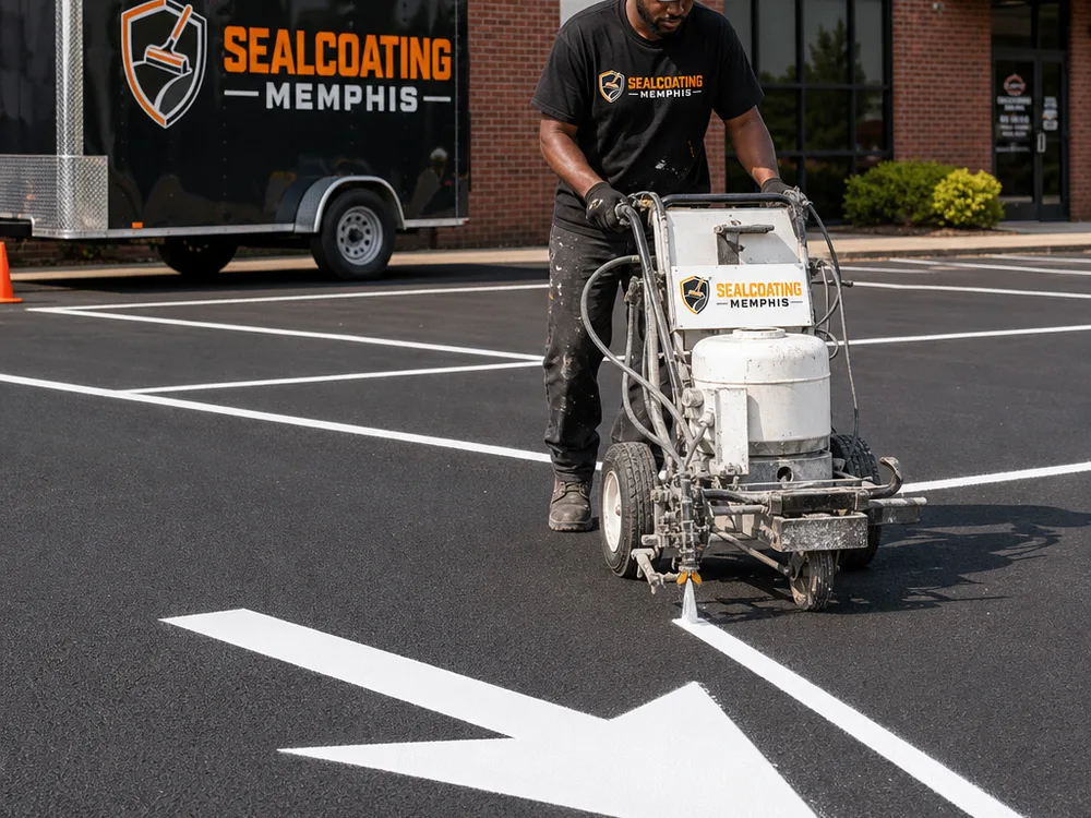Striping crew applying bright white paint with a walk-behind line striper, showing sharp edges on stall lines and a freshly painted directional arrow on asphalt.