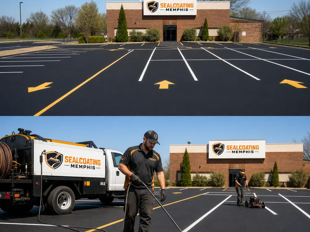 Completed restripe of a commercial lot with straight white stalls, yellow aisle lines, and clear directional arrows at the end of aisles.