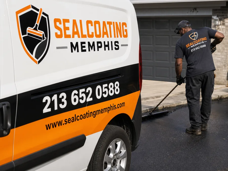 Technician applying sealcoat to an asphalt driveway with a spray wand and back-brushing edges near a garage apron for a clean line.