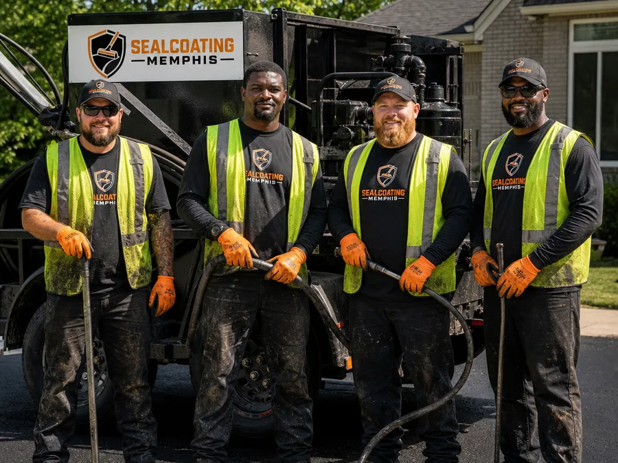 Small sealcoating crew on-site in Memphis standing beside a sealcoat tank and spray rig, wearing high-visibility gear, with a residential driveway staged for sealing.